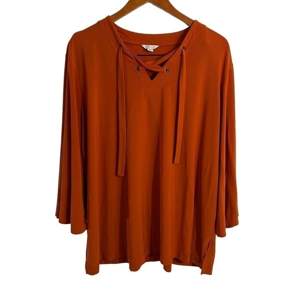Cato Burnt Orange Blouse 18W 20W Jersey Knit Criss Cross Grommet Neckline Top - Picture 1 of 7